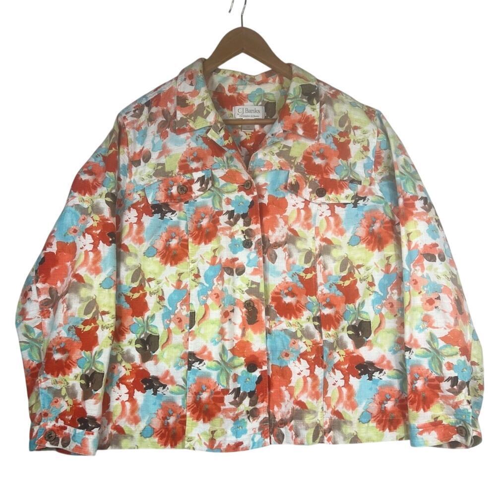 CJ Banks Size 1X Floral Print Shirt Jacket Linen Cotton Blend Shacket
